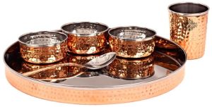 Indian Art Villa Pure Steel Copper Hammered Design Thali Dinner Set