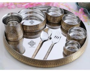 Indian Art Villa Steel Brass Curve Thali 9 Piece  Set